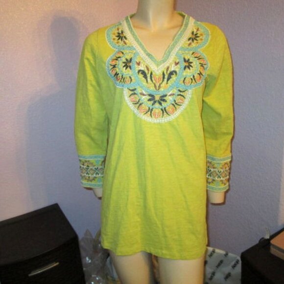 Soft Surroundings SUNRISE Embroidered Size M BLOUSE Tunic Top 3/4 SLEEVES V-Neck - Picture 1 of 9